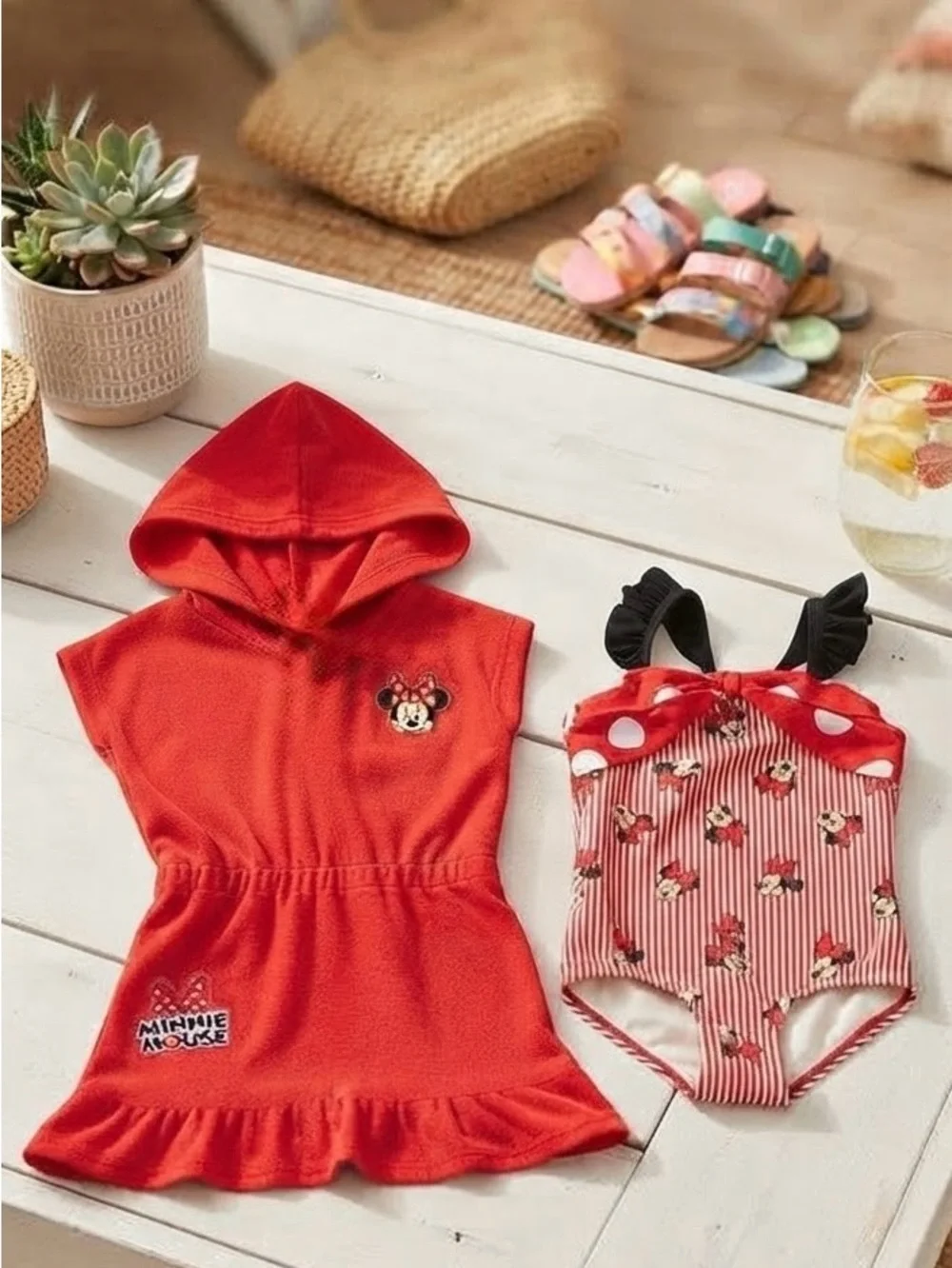 Disney Junior Minnie Mousse Girls 2 Pcs Swim Set-Swimsuit & Hooded Cover Up-2T